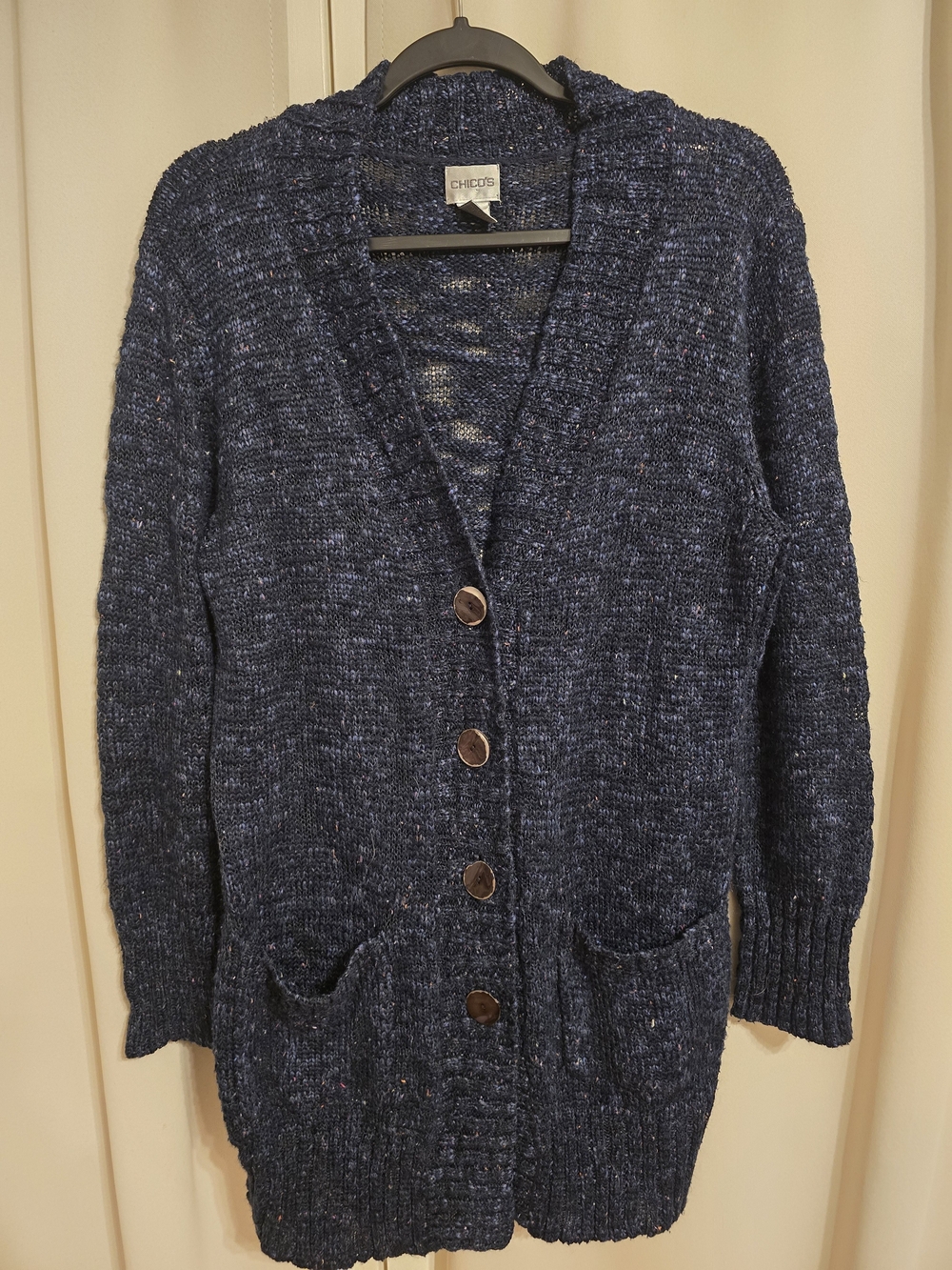Chico’s Navy Flecked Long Button Cardigan Size 1 Medium